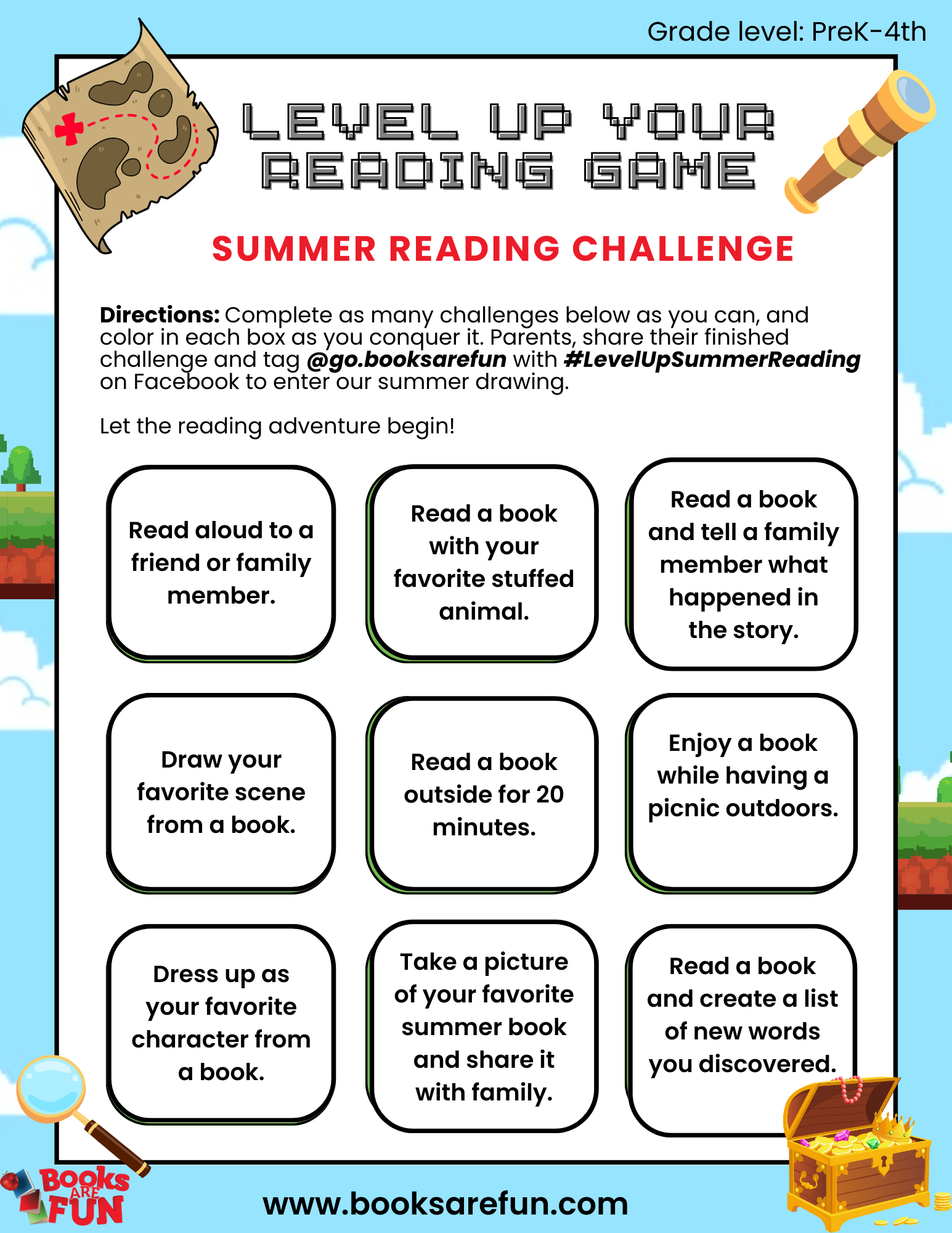 Level UP Summer Reading Challenge Printable Worksheet_PreK-4th